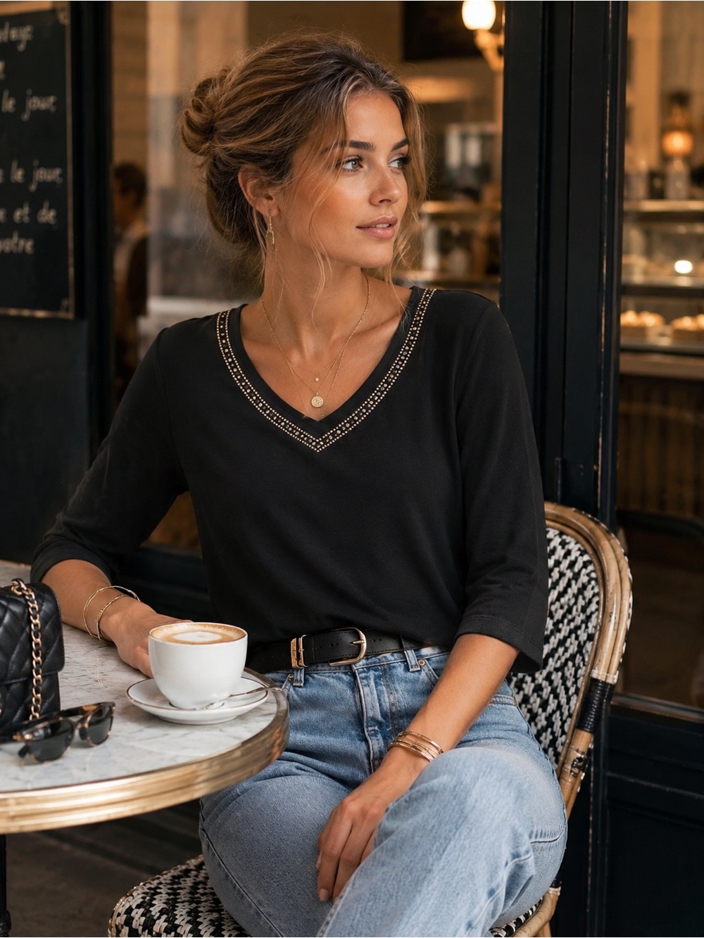 Black V-Neck Long Sleeve Top with Studded Trim